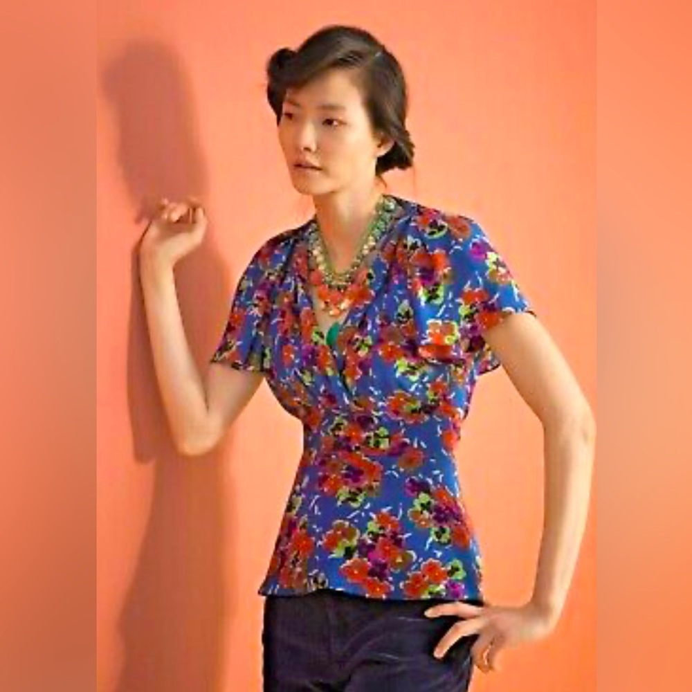 Anthropologie x Girls From Savoy, silk Dayflower top